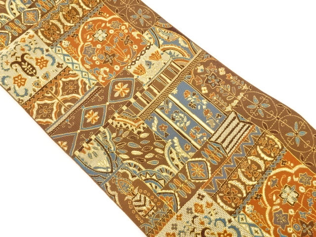 Nagoya obi woven with abstract flowers and geometric patterns
